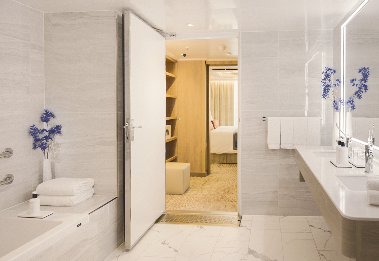 Elegant bathroom design with upscale amenities in a Sky Suite. 