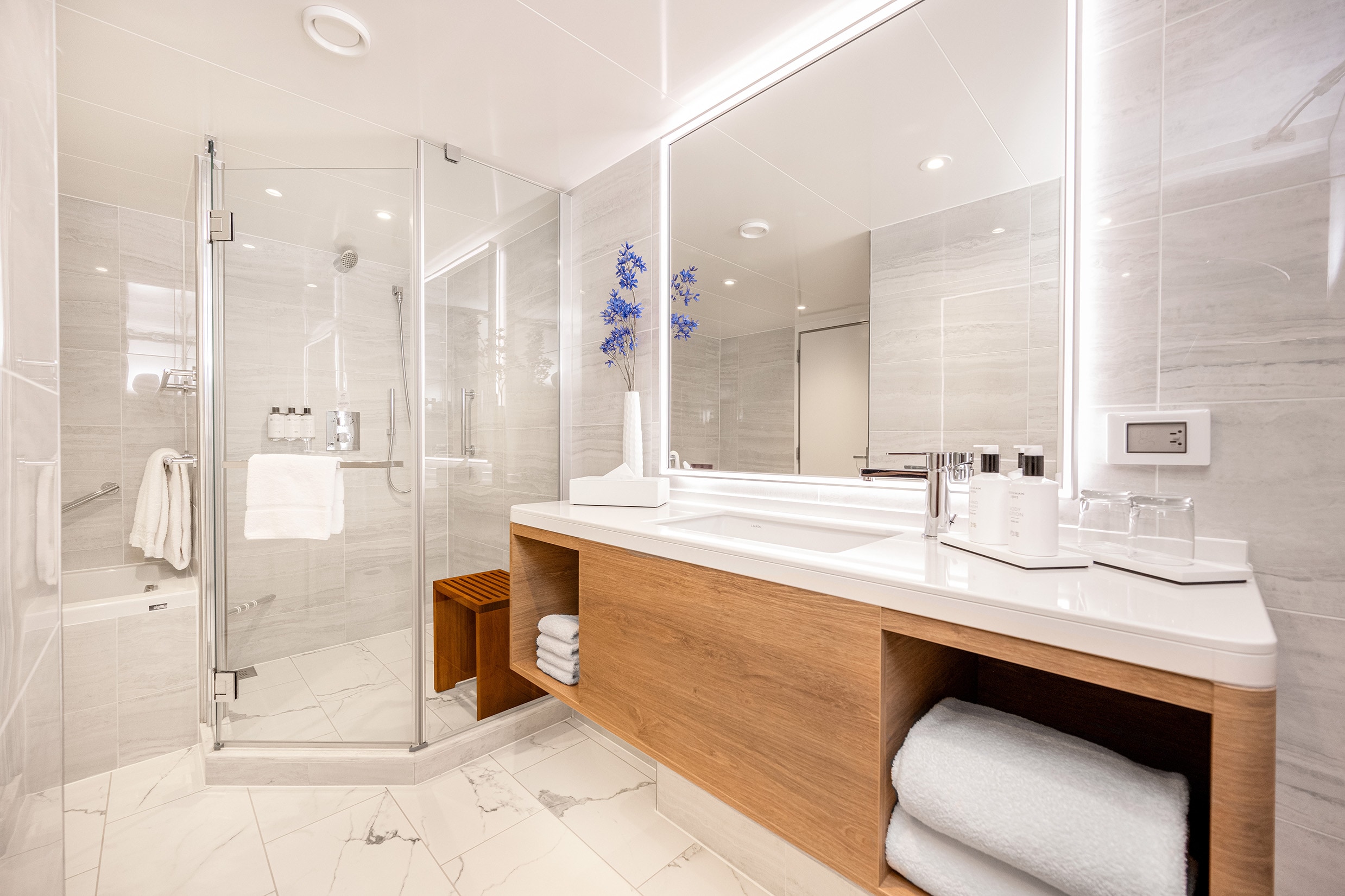 Chic bathroom with tub and separate shower